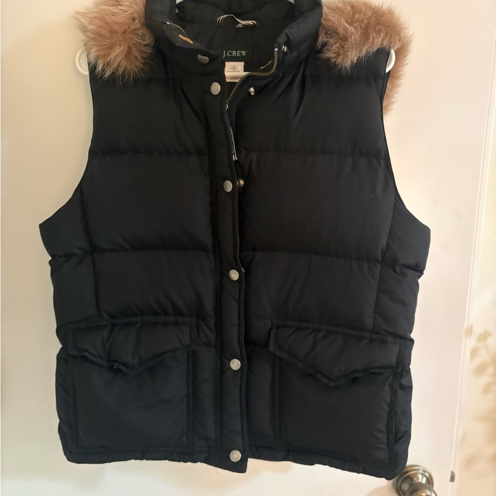 J. Crew Black Puffer Vest with Tan Faux Fur Trim - Picture 5 of 12